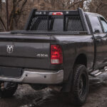 Guardian Open Mesh Headache Rack with LED lights on a Dodge Ram with a Low Profile Toolbox