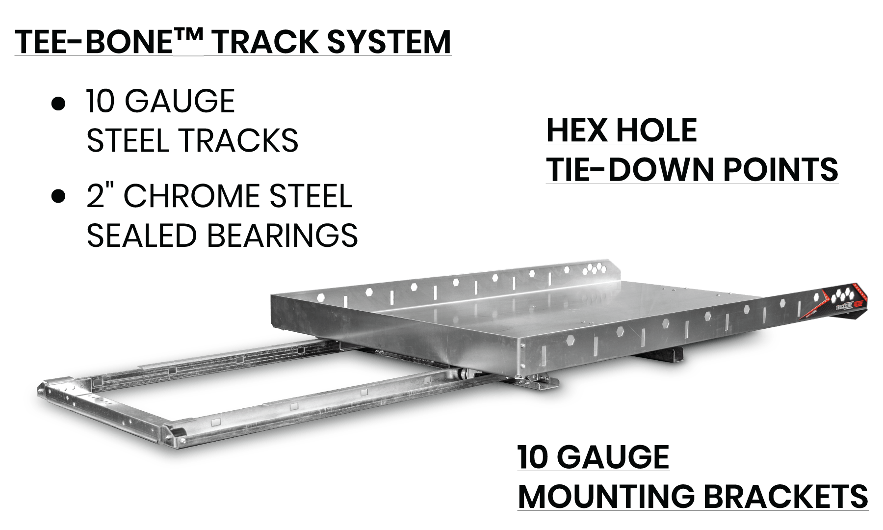 Highway Products Truckslide construction showing steel tracks, sealed bearings, mounting brackets, and hex tie-down points