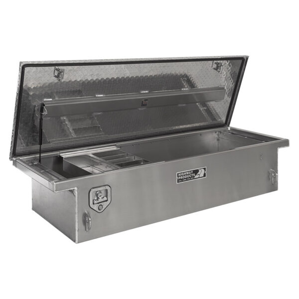 Diamond Plate Lid and Smooth Aluminum Base Toolbox Left Open