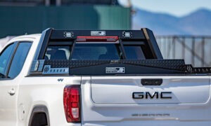 Guardian Open Post Headache Rack with Gullwing Toolbox and Bed Rails on GMC Sierra - 3
