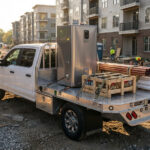 Strongback Flatbed delivering a boiler to apartment construction site